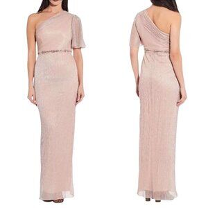 Adrianna Papell Metallic One-Shoulder Gown Formal Dress Blush Pink Size 4 Beaded